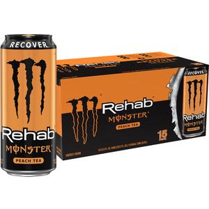 Monster Energy Rehab Peach Tea + Energy, Energy Iced Tea, Energy Drink, 15.5 Ounce (Pack of 15)