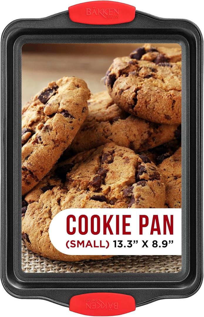Nonstick Cookie Sheet Pan Carbon Steel Oven Tray Sheet Pan with Red Silicone Handles -Small Bakeware Pan Tray with Gray Coating Inside & Outside (Black)