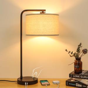 Table Lamp with USB C+A Ports, Fully Stepless Dimmable Modern Bedside Nightstand Lamp, Tall Reading Desk Lamp for Bedroom, Living Room, Study Room, Office, 9W 3000K LED Bulb Included (Brown)