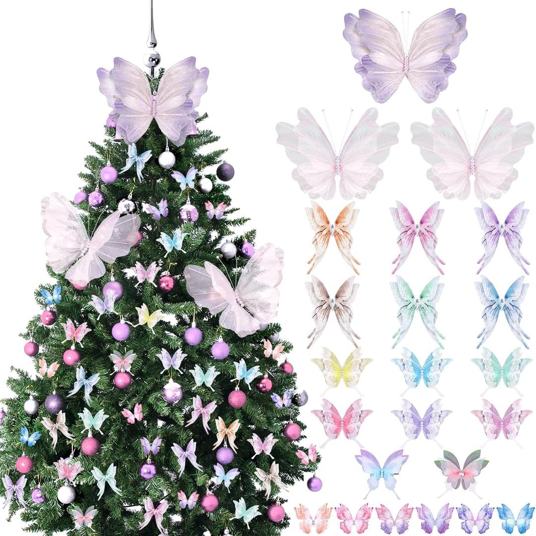 49 Pcs Christmas Tree Butterfly Ornaments Decoration 3D Pink Purple Jumbo Butterfly Tree Topper Girly Fairy Butterflies Hanging Ornaments for Xmas Wreath Garland Home Holiday Party Decor