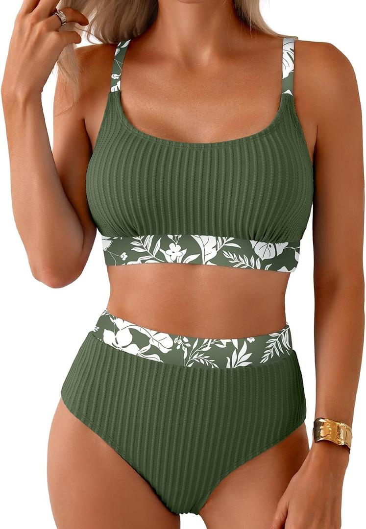 Herseas Women's Textured Bikini Sets Floral Print Trim Scoop Neck Swimsuits High Waisted Bathing Suits (Green, M)