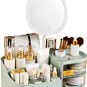 DASITON Makeup Organizer with Rechargeable Mirror,Makeup Brush Holder with 2 Drawers,Skincare and Cosmetics Organizer Countertop,Large Capacity Cosmetic Display Case for Vanity,Bedroom,Bathroom(Green)