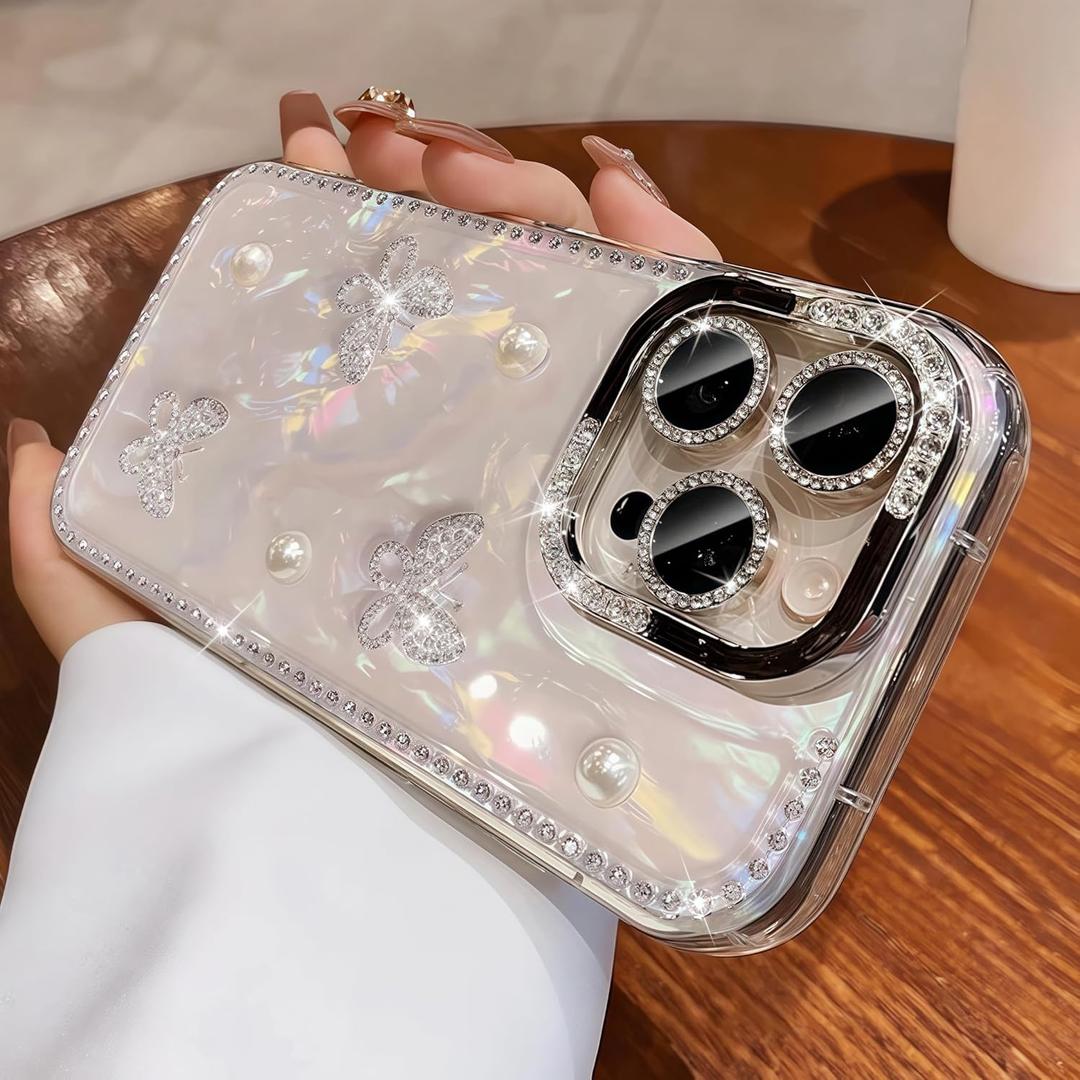Compatible with iPhone 17 Pro Max Case, Cute Girly Glitter Bling Butterfly Design with Camera Lens Protector for Women Girls CleariPhone 17 Pro Max
