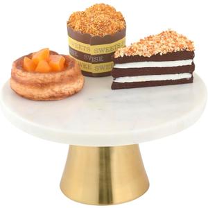 Cruisers Cach | 9-Inch Marble Cake Stand | Natural White Marble with Gold Base | Round Dessert Stand, Cupcake Stand for Birthday Parties, Weddings, Baby Shower and Other Events, White and Gold