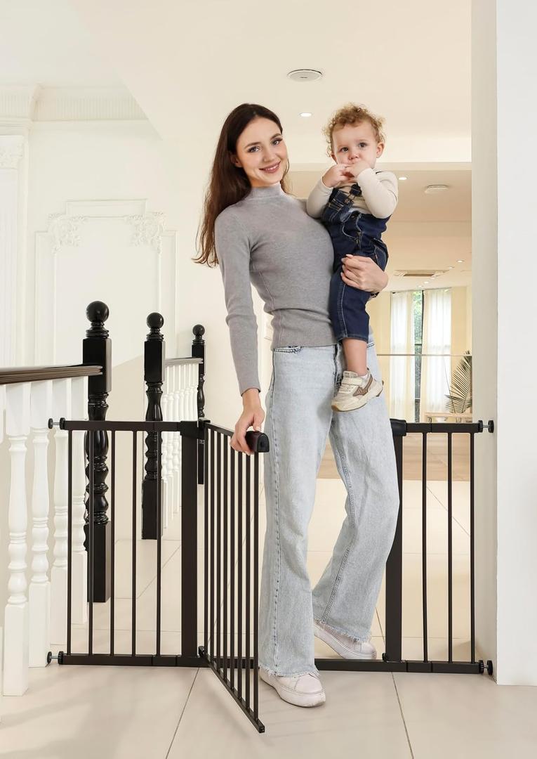 53.46"-55.63" Baby and Pet Safety Gate, 30" Tall Metal Walk-Thru Gate for Doorways & Stairs, Easy One-Hand Open, Dual Lock, Extensions & Wall Mounts Included (Brown, 29"-54" W x 30.5H)