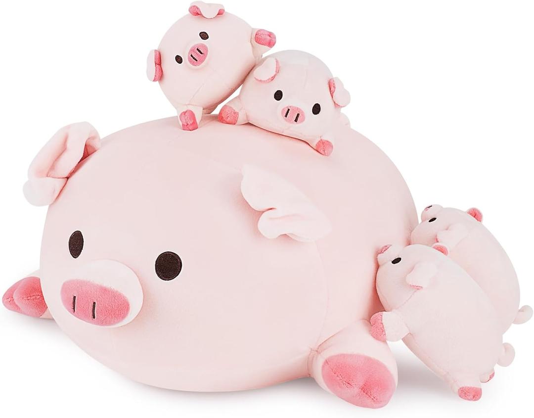 Achwishap 5PCS Pig Family,Pig Stuffed Animal Mommy with 4 Pig Babies Plush,Cute Pig Plush Pillow Cushion Doll,Kawaii Pig Plush Toy Hugging Pillow for Kids Adults Birthday Gifts(16 Pig Family)