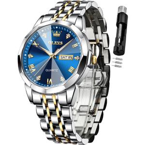 OLEVS Watch for Men Diamond Business Dress Analog Quartz Stainless Steel Waterproof Luminous Date Two Tone Luxury Casual Wrist Watch Blue