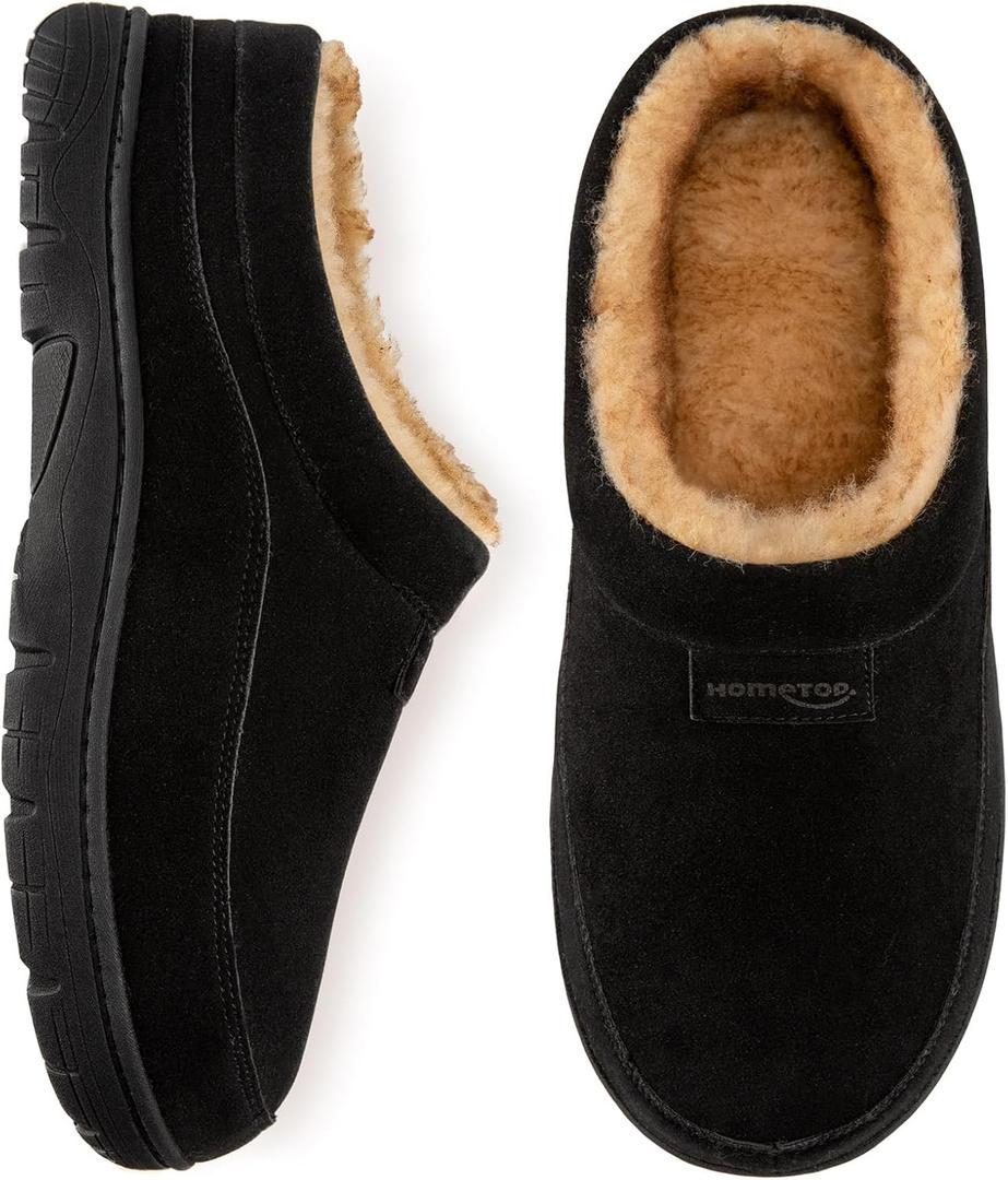 HomeTop Men's Moccasin Slippers Soft Warm Non-slip Memory Foam Indoor House Shoes with Fluffy Lining (13-14, Dark Black)