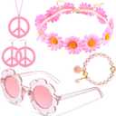 Tondiamo 5 Pcs Kids Hippie Costume Accessories 60s 70s Toddler Girl Outfit Boho Peace Sign Daisy Flower for Halloween Cosplay (Light Pink)