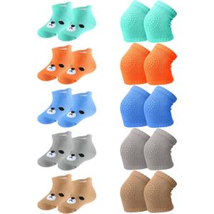 10 Pairs Baby Crawling Anti Slip Knee Pads and Anti Slip Baby Socks Set Unisex Toddler Knee Protectors Non Slip Ankle Socks (Cute Colors)