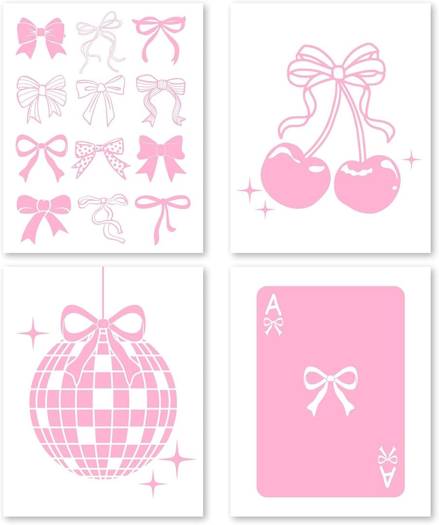 FUQWZ Coquette Room Decor Pink Wall Art Set of 4 (8x10in, Unframed) - Girls Wall Art - Bows & Cheery Pink Posters (052)