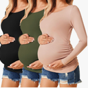 Ekouaer Womens Maternity Shirts Long Sleeve 3 Packs Pregnancy Tee Top Tunic Blouse Casual Mama Clothes, Size Medium