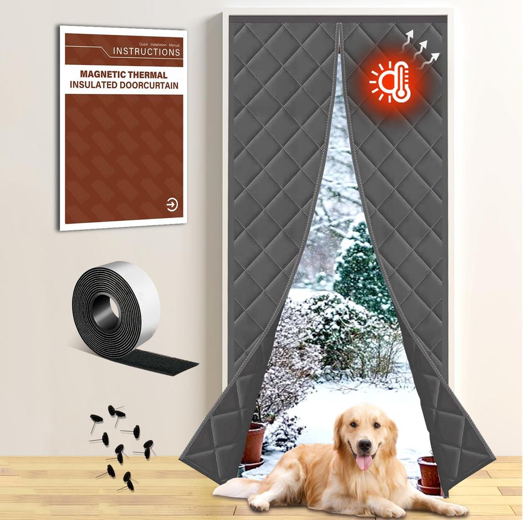 Insulated Magnetic Door Curtain for Winter, Thermal Door Cover with Triple-Layer Oxford Fabric, Windproof Cold Draft Blocker, Energy Saving Waterproof Curtain for Indoor Outdoor (Fit Door 32*80 Screen:35*82, Gray)