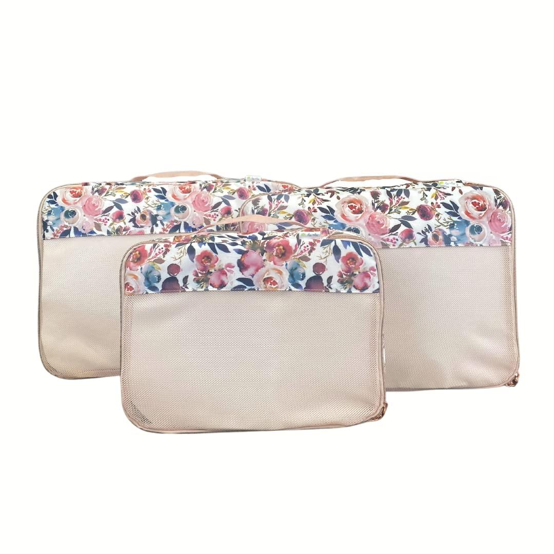 Itzy Ritzy Packing Cubes for Travel  Set of 3 Large Packing Cubes or Travel Organizers; Each Cube Features a Mesh Top, Double Zippers and a Fabric Handle; Large Sizes (Blush Floral)