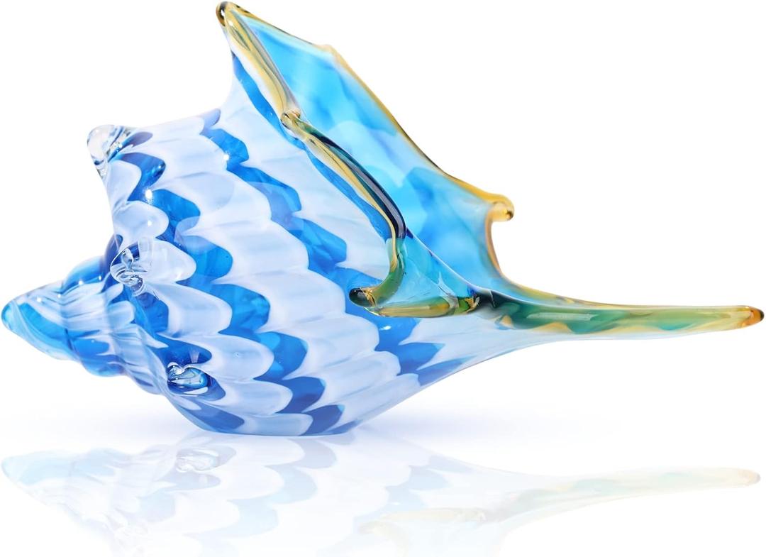 DOVDOV Hand Blown Glass Shell Decoration, Modern Art Glass Conch Statue, Blue and White Home Decorative Shells for Home Living Room, Coffee Table, TV Stand, entryway Entrance, Mantelpiece Decoration (Blue With Yellow Trim)