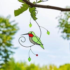 Hummingbird Stained Glass Sun Catcher - Birds Decor, Hanging Ornament Panel for Wall Decor & Windows, Glass Leaves & Plant