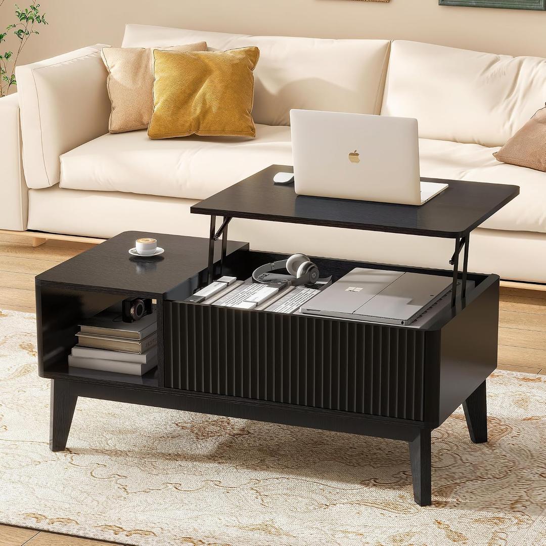 LYNCOHOME Fluted Coffee Table with Hidden Compartment, Wood Lift Top Coffee Tables, Modern Center Table for Living Room, Home Office, Black