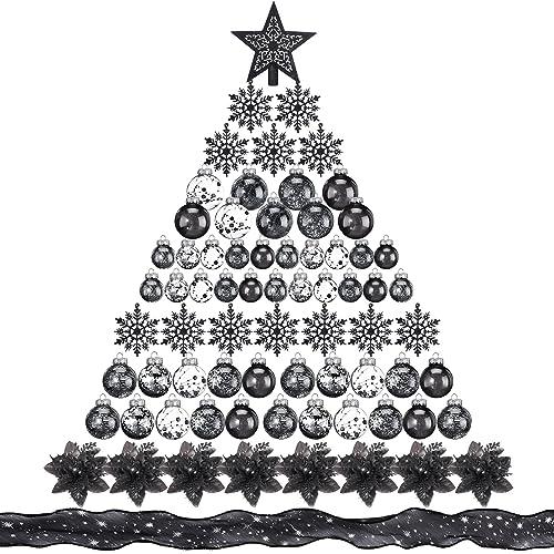 Jenaai Black 74 Pcs Christmas Ball Ornaments Set Plastic Shatterproof Christmas Tree Decorations with Hanging Snowflakes Ribbons Artificial Poinsettia Flowers Tree Topper for Xmas Decor
