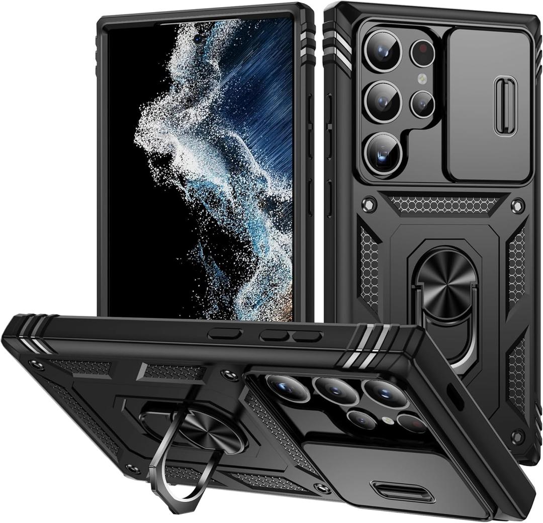 for Samsung Galaxy S24 Ultra Case with All-Angle Rotating Kickstand & Sliding Camera Cover - Heavy Duty Shockproof Protective Cover, Black
