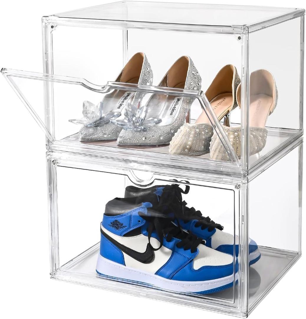 Clear Shoe Organizer,Stackable Shoe Display Case,Shoe Box Storage Bins with Magnetic Door,Fit Shoe Size Up to US 14 (X-Large-2Pack)