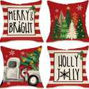 3 x Fahrendom Christmas Tree Truck Decorative Throw Pillow Covers 18 x 18 Set of 4, Xmas Merry Bright Holly Jolly Porch Patio Outdoor Pillowcase, Winter Holiday Stripes Sofa Couch Cushion Case Home Decor