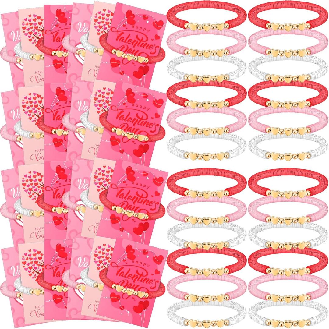 Ecally 24 Pack Valentine's Day Gift Sets Valentine Friendship Bracelets Clay Bead Bracelets with Greeting Cards Exchange Gift for Women Men Holiday Party Favors Supplies