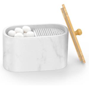 Cotton Swab Holder, Round Cotton Pads Balls Qtip Holder Dispenser with Lid, 2 Compartments Qtips Holder, Tampoms Period Box Bathroom Organizers Storage Bin Floss Dispenser Vanity Cosmetics, White (Oval-Gravel White)