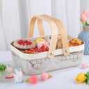 AJIODA Metal Mesh Steel Basket, Storage Organizer Basket Garden Harvest Basket Multi-functional Kitchen Fruit Baskets Bin with Wooden Handle for Bathroom Picnic Shopping Decor Cabinet Home, White