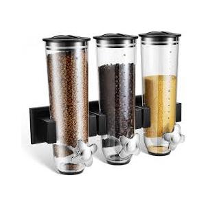 Umigy 1 Pcs Candy Dispenser Wall Mounted, Triple Dry Cereal Grain Dispenser Machine Wall Mount, Food Storage Container for Pantry Snack with 3 Cup for Kitchen, 39 oz (Black)