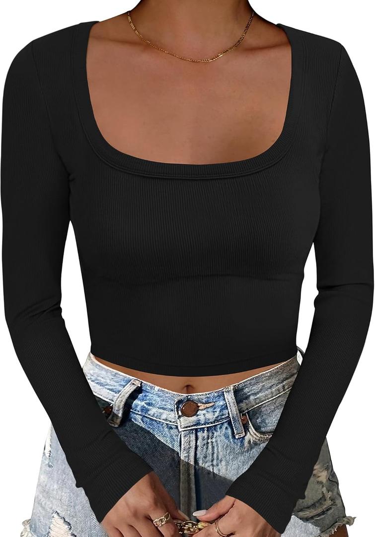 ANRABESS Women's Long Sleeve Square Neck Crop Top Ribbed Slim Fitted Basic Tee Layer Y2K Shirts Fall Fashion Outfits 2025 (Black, Small)