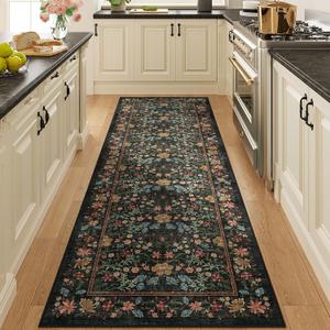 DOKINO 2x10 Runner Rug for Hallway, Vintage Washable Long Kitchen Rug with Low Pile Design, Floral Non Slip Soft Carpet Runner for Hallway, Kitchen, Bathroom, Bedroom, Black