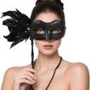 BEARAE Masquerade Mask for Women with Stick, Feather Venetian Masks, Costume Mask for Mardi Gras Gatsby Party Decoration (Black)