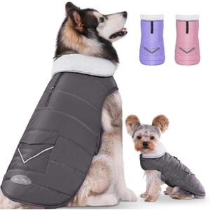 iBuddy Dog Winter Jacket for Extra Large Dogs, Easy on 3XL Dog Snow Coat Velcro Waterproof Pet Puffer Clothes with Harness Hole Adjustable Reflective Quilted Pet Cold Weather Vest for Boy Male (Gray)