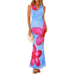 ZESICA Women's 2026 Summer Halter Neck Floral Print Maxi Dress Sleeveless Backless Wedding Guest Party Bodycon Long Dresses (Blue,small)