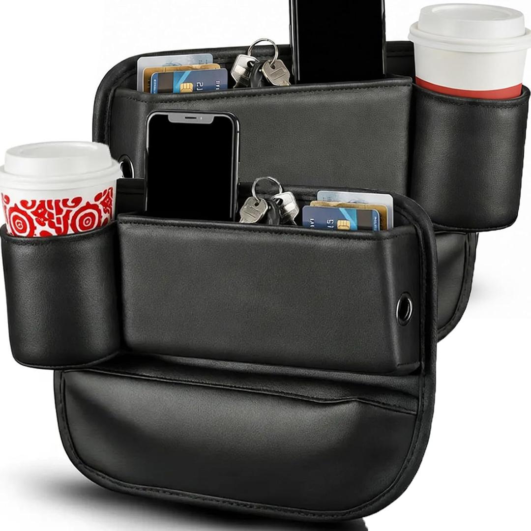 Car Seat Gap Filler Organizer, Premium Leather Console Storage with Cup Holder, Easy Access Multi-Purpose Organizer - Car, SUV & Truck Essentials（Driver Passenger Set Black 2 Pack）