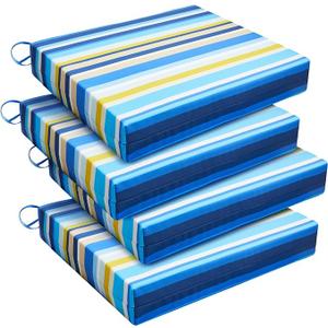 downluxe Outdoor Chair Cushions Set of 4 for Patio Furniture, Water-Resistant Square Corner Patio Chair Cushions with Ties, High Density Foam Outdoor Seat Cushion, 18.5" X 16" X 3", Blue Stripes