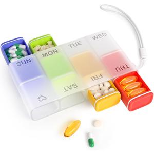 Weekly Pill Organizer 1 Time a Day  Travel Pill Case 7 Day, Small Pill Box 8 Compartments Push Open, with Color Slots, Medicine Organizer for Fish Oil, Vitamins, with Wrist Lanyard, BPA Free, Black (White)