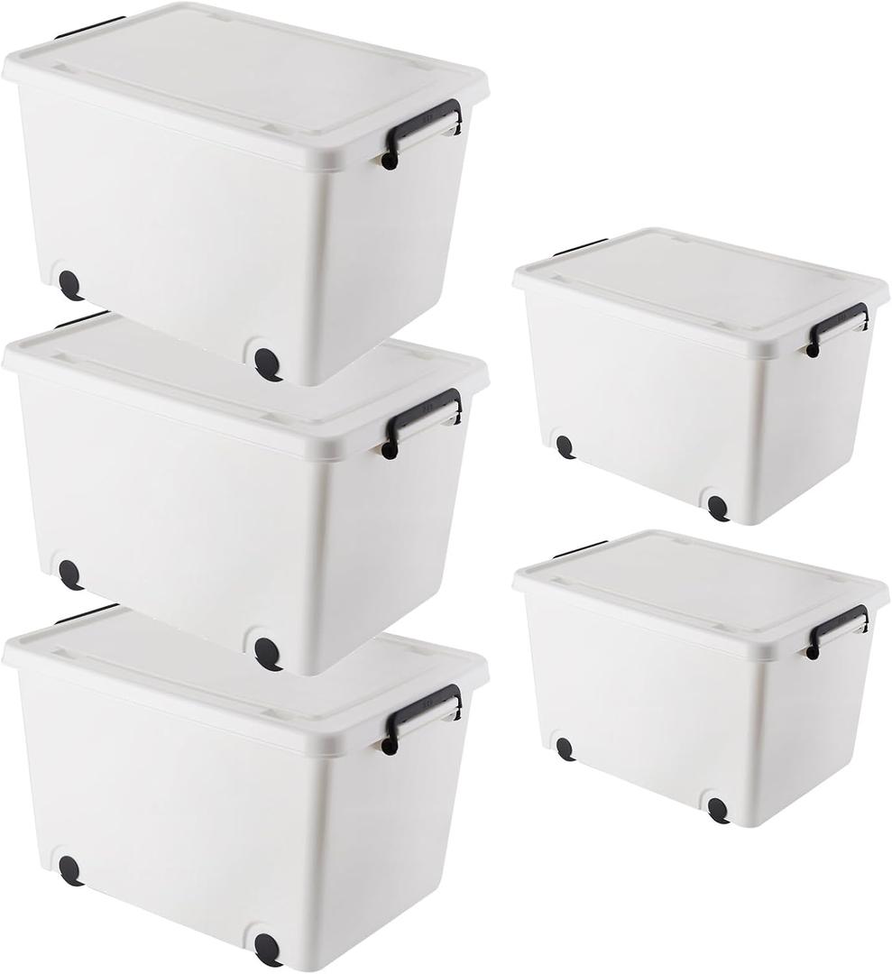 62QT*3/33QT*2 White Plastic Storage Bins with Lids, Stackable Containers with Wheels and Latches, 5 Pack (3L+2M)