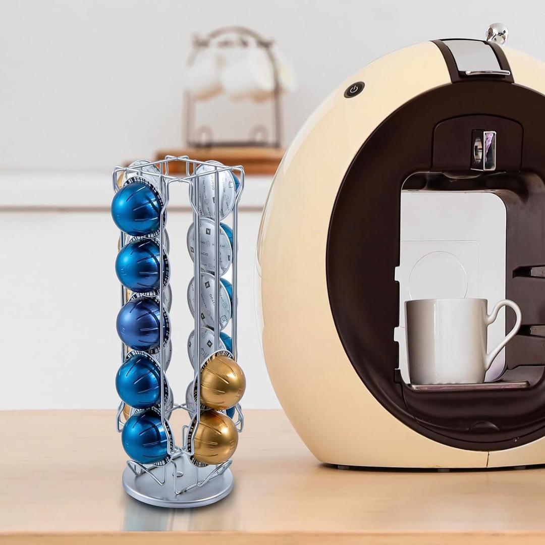 MyGift Silver Chrome-Plated Metal Coffee Pod Capsule Holder Stand Rotating Carousel, Compatible with Vertuoline Pod, Coffee Bar Organizer Rack - Holds 20 Capsules