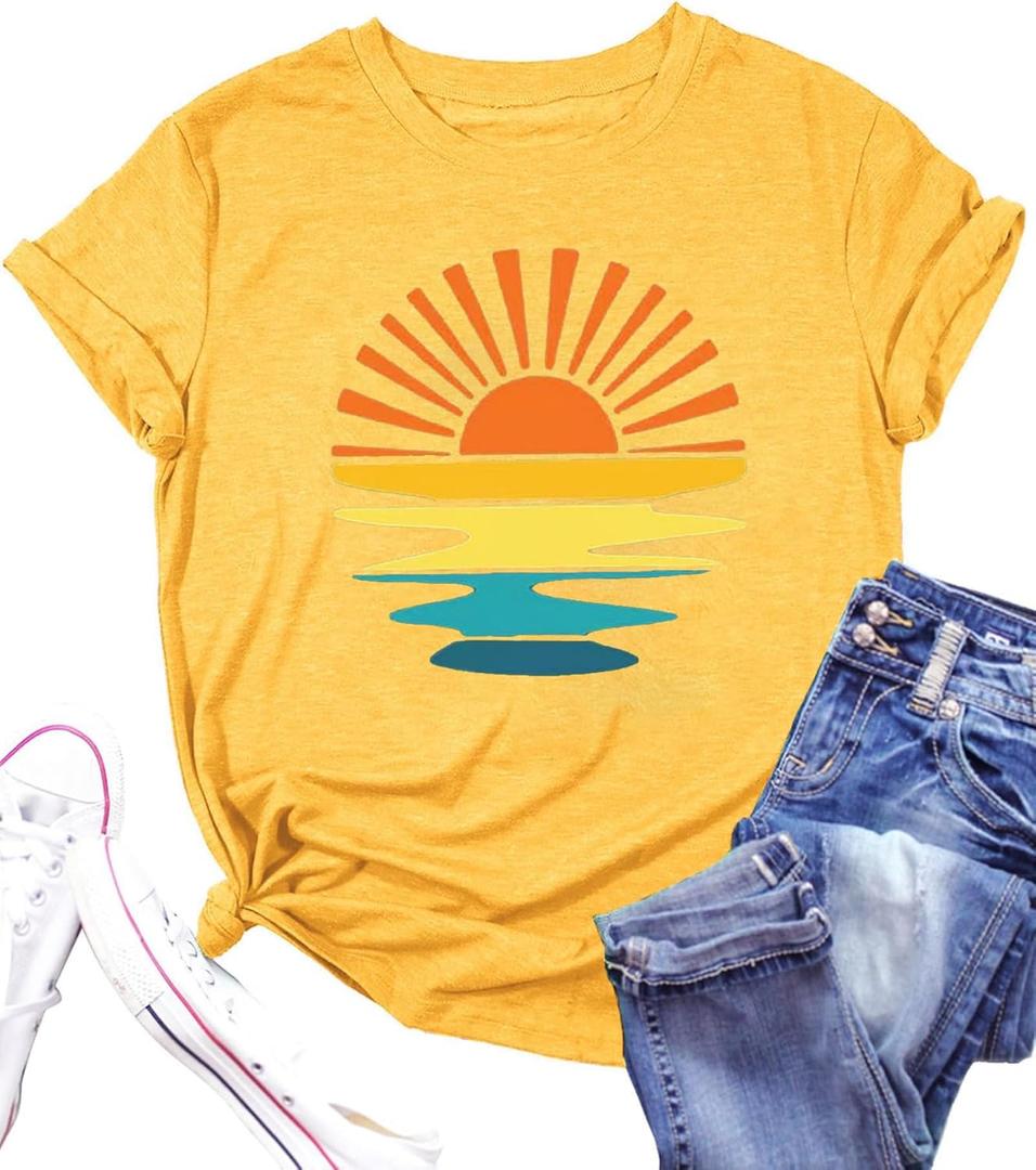 Outdoor Shirts for Women Retro Graphic Print Hiking Mountain T Shirts Summer Comfort Beach Hiking Workout Tee Tops (Medium, Yellow)