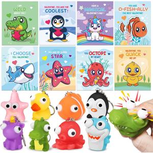 24 Pack Valentines Day Cards with Squeeze Animal Popping Eye Keychains, Valentines Cards for Kids, Fidget Toys for Classroom School Valentine's Gifts Exchange, Valentine's Party Favor Prizes for Kids