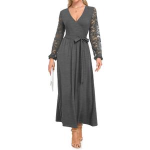AUSELILY Women's Lace Dress Long Sleeve Maxi 2025 Fall V Neck Wrap Waist Formal Party Long Dresses with Pockets (M)