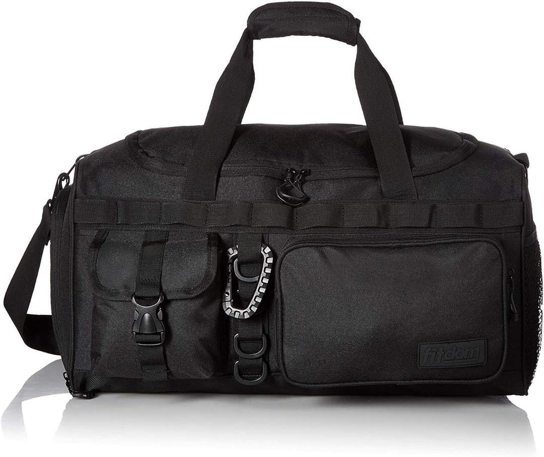 Fitdom Tactical Black Gym Duffle Bag with Shoe Compartment. Best Workout Bag For Men & Women. Black Gym Bag is Great For Basketball, Soccer & Other Sports As Well As Weekender & Overnight 18x10x10"