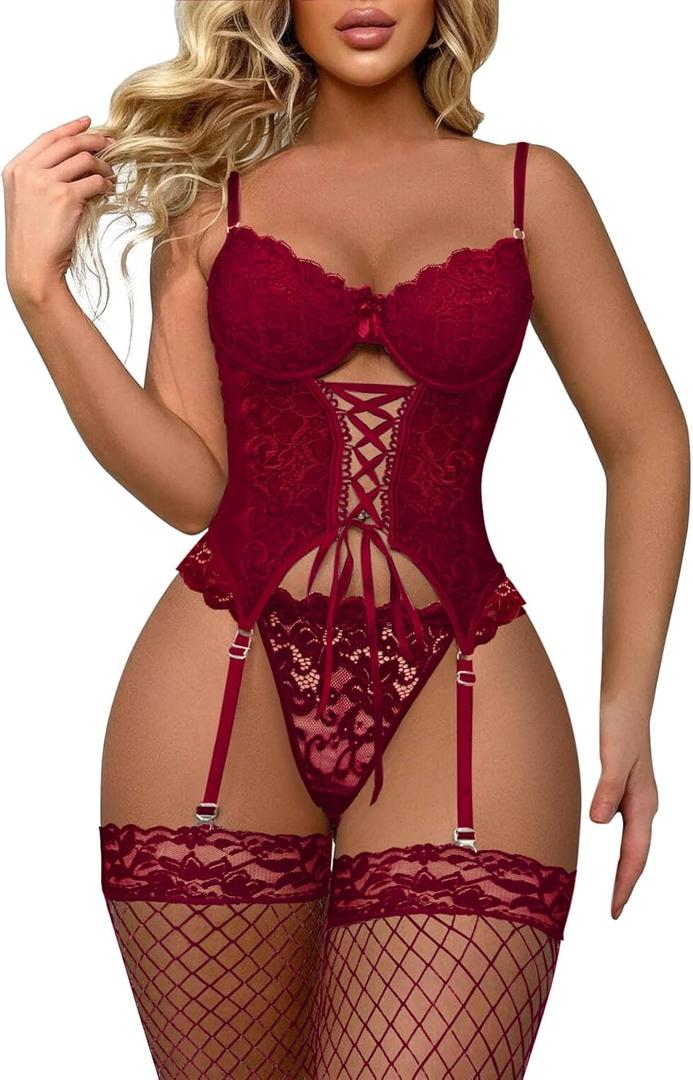 Lilosy Sexy Floral Lace Up Corset Garter Lingerie Set (Small, Burgundy Red)