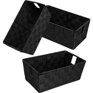 Woven Black Storage Baskets Shelf Tote Boxes Container, Durable Storage Organizer Bins with Built-in Handles for Bedroom, Office, Closet, Kids Room, Nursery, 3-Pack,11.4x 6.5x 4.5