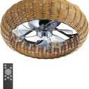 FELCO 20" Boho Bedroom Fandelier Ceiling Fan with Light and Remote, Low Profile Bohemian Woven Caged Flush Mount Ceiling Fan Light for Indoor, Covered Outdoor, Quiet DC Motor 6-Speed Reversible