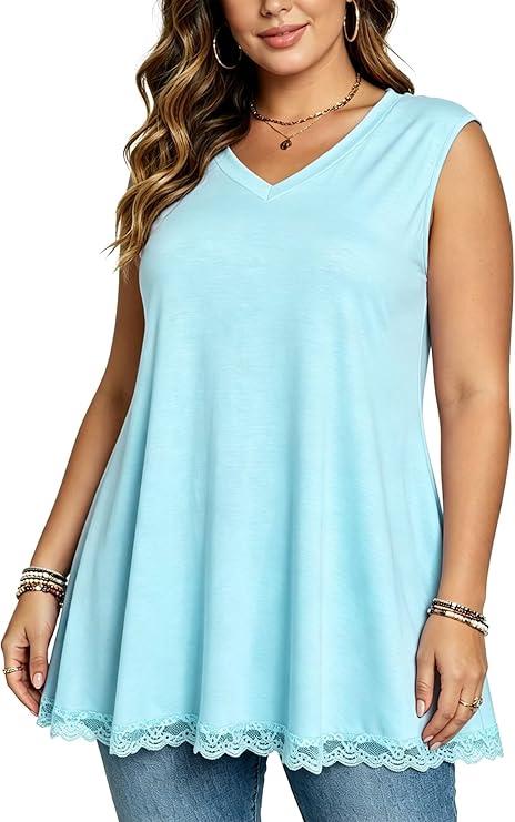 Afibi Women Summer Dressy V Neck Tank Top Loose Fit Flowy Sleeveless Shirt (XX-Large, Light Blue)