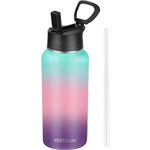 Insulated Water Bottle With Straw, 32 oz Vacuum Insulated Stainless Steel Sports Water Flask, Keeps Cold and Hot, Metal Water Bottle Wide Mouth for Gym Travel Camping (lucky Rainbow)