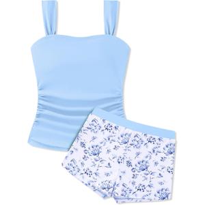 Gaupafmb Swim Suit for Teens Girls 14-16 Light Blue Solid Ruched Side Squre Neck Tank Top with Floral Printed Shorts Girls Tankini with Shorts