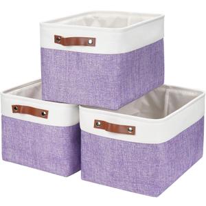 Storage Bins Large Fabric Storage Baskets for Shelves 3 Pack, Decorative Linen Closet Baskets with Handles for Organizing, Shelf, Clothes, Home, Office, 15x11x9.5Inches (Purple&White)